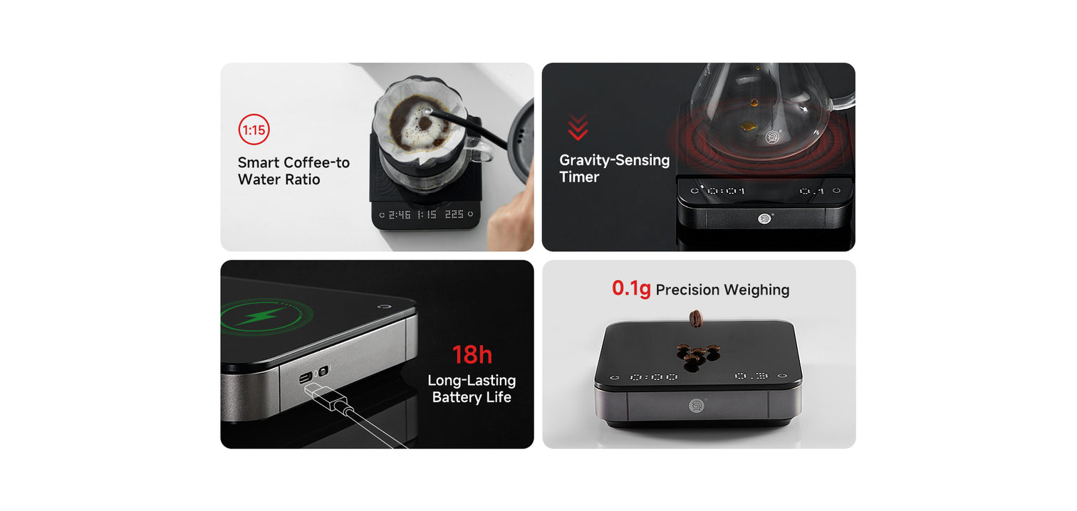 Smart Coffee-to-Water Ratio
Gravity-Sensing Timer
0.1gPrecision Weighing
18h Long-Lasting Battery Life