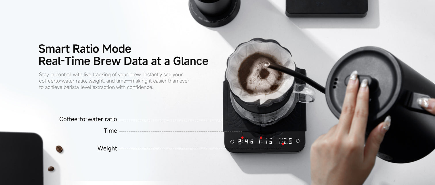 Smart Ratio Mode – Real-Time Brew Data at a Glance
Stay in control with live tracking of your brew. Instantly see your coffee-to-water ratio, weight, and time—making it easier than ever to achieve barista-level extraction with confidence.