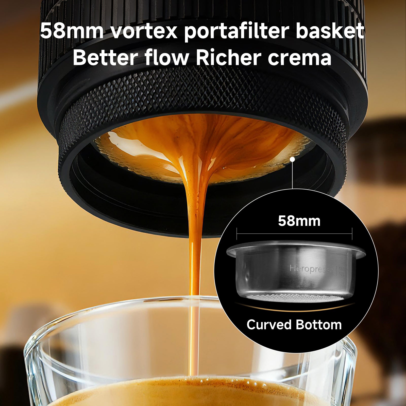 Espresso flowing from a 58mm vortex portafilter basket into a glass, highlighting curved bottom design.