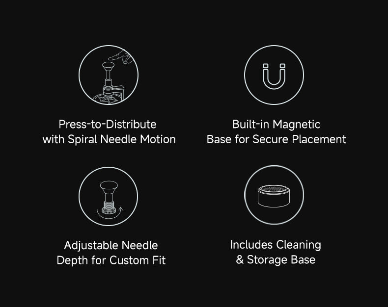 Press-to-Distribute with Spiral Needle Motion
自带:Built-in Magnetic Base for Secure Placement
粉针:Adjustable Needle Depth for Custom Fit
底座:Includes Cleaning & Storage Base