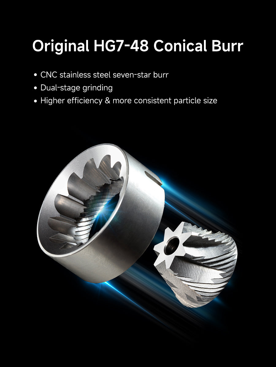 Original HG7-48 Conical Burr
● CNC stainless steel seven-star burr
● Dual-stage grinding
● Higher efficiency & more consistent particle size