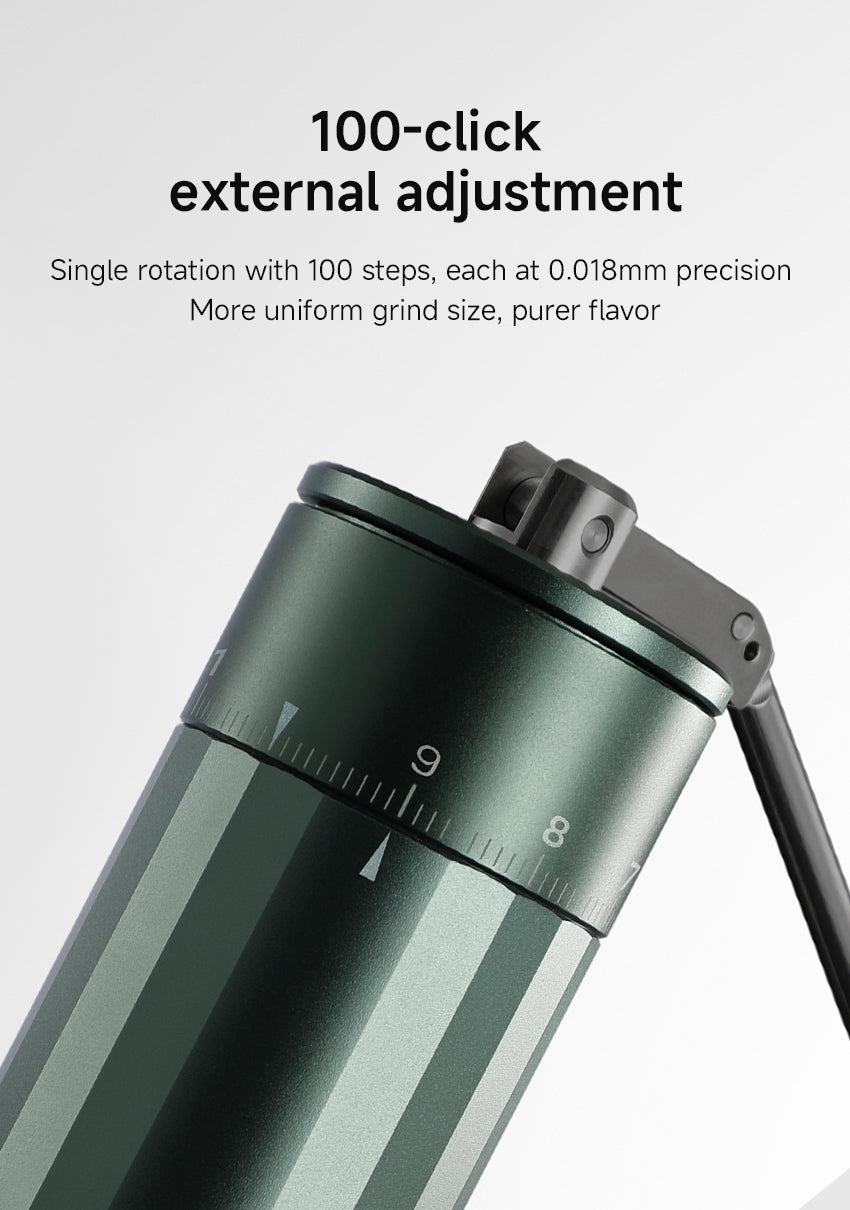 100-click external adjustment
Single rotation with 100 steps, each at 0.018mm precision
More uniform grind size, purer flavor