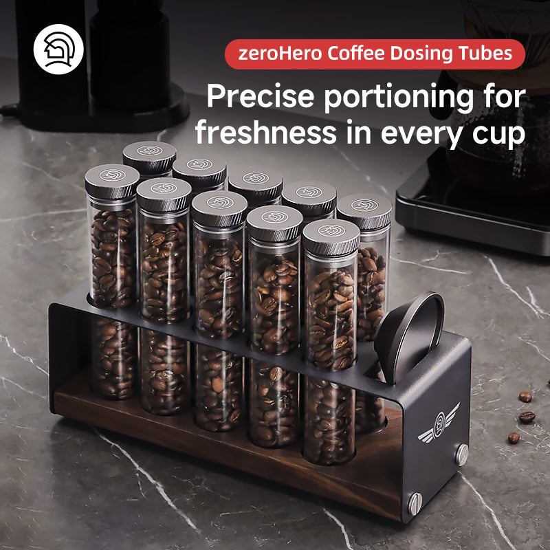 zeroHero Single Dose Coffee Bean Cellar - 10pcs PCTG Tubes with Wooden Stand
