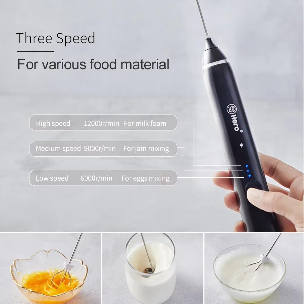 Milk Frother, Rechargeable hand-Held Electric Milk Frother 3 Adjustable USB Charging Can Be Used for Bulletproof Coffee Protein Drinks Matcha Coffee - zerohero