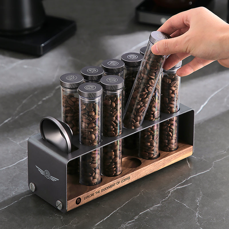 zeroHero Single Dose Coffee Bean Cellar - 10pcs PCTG Tubes with Wooden Stand