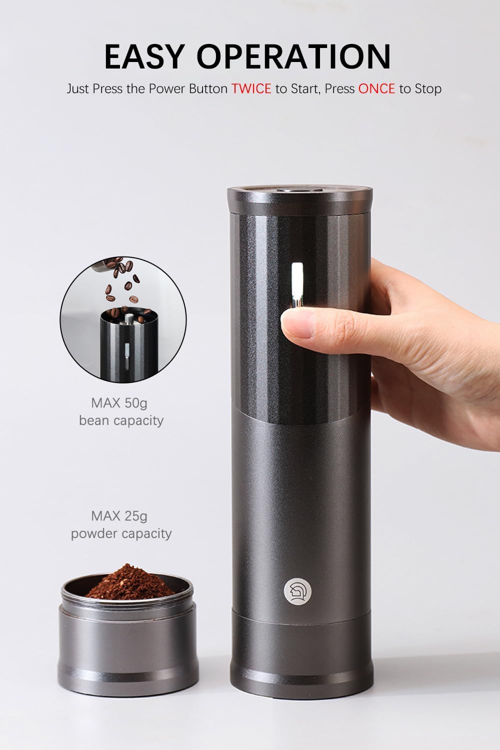 zeroHero Electric Coffee Grinder, Portable Burr Grinder Capacity 25g w/Magnetic Cover, Mute without Disturbing,External Adjustable Setting, Aluminum Alloy Body, 800mAh Battery for Home, Outdoor Black - zerohero