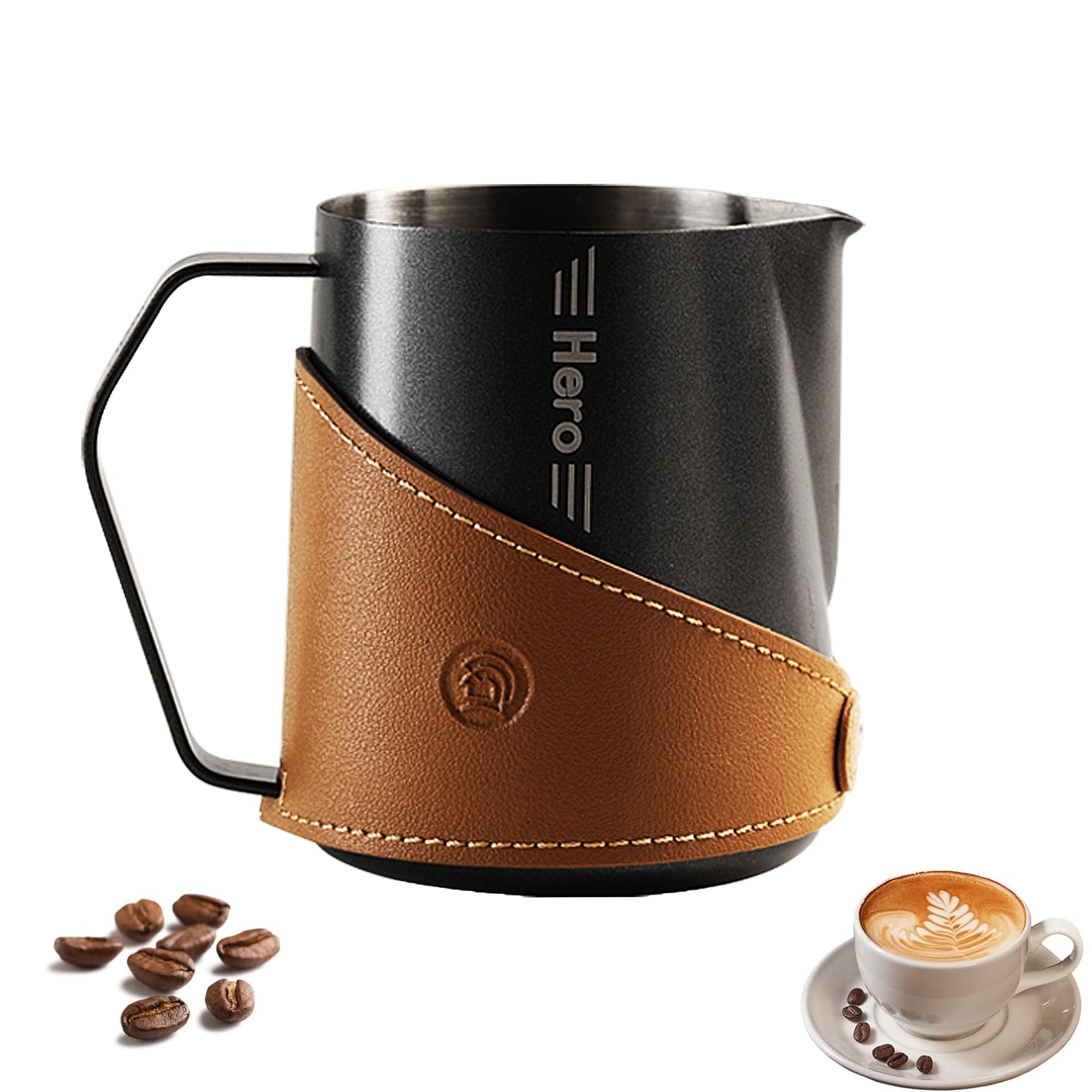 zeroHero Milk Frothing Pitcher 450ml/16oz 304 Stainless Steel Espresso Steaming Pitcher with PU Leather, Milk Frothing Jug,milk frother cup,Milk Jug Cup,Premium Barista Tools,Latte Art (Matte Black) - zerohero